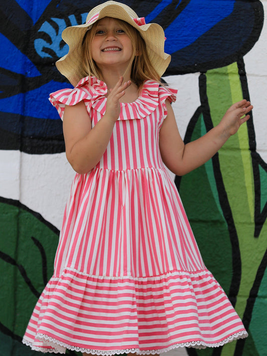Spring Pink Striped Ruffled Girls' Dress with Hat