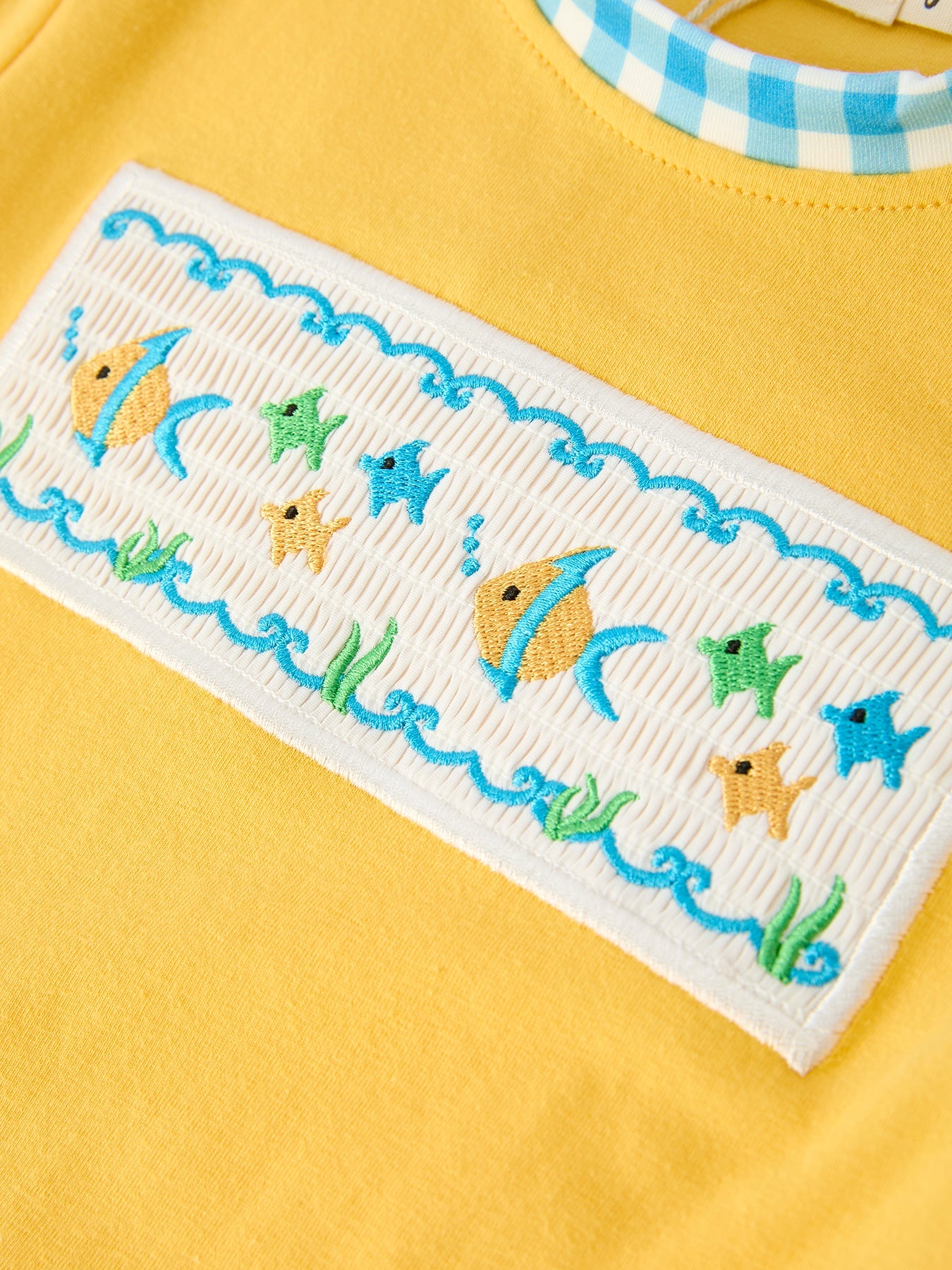 Fish Embroidery Smocking Plaid Boys'Set