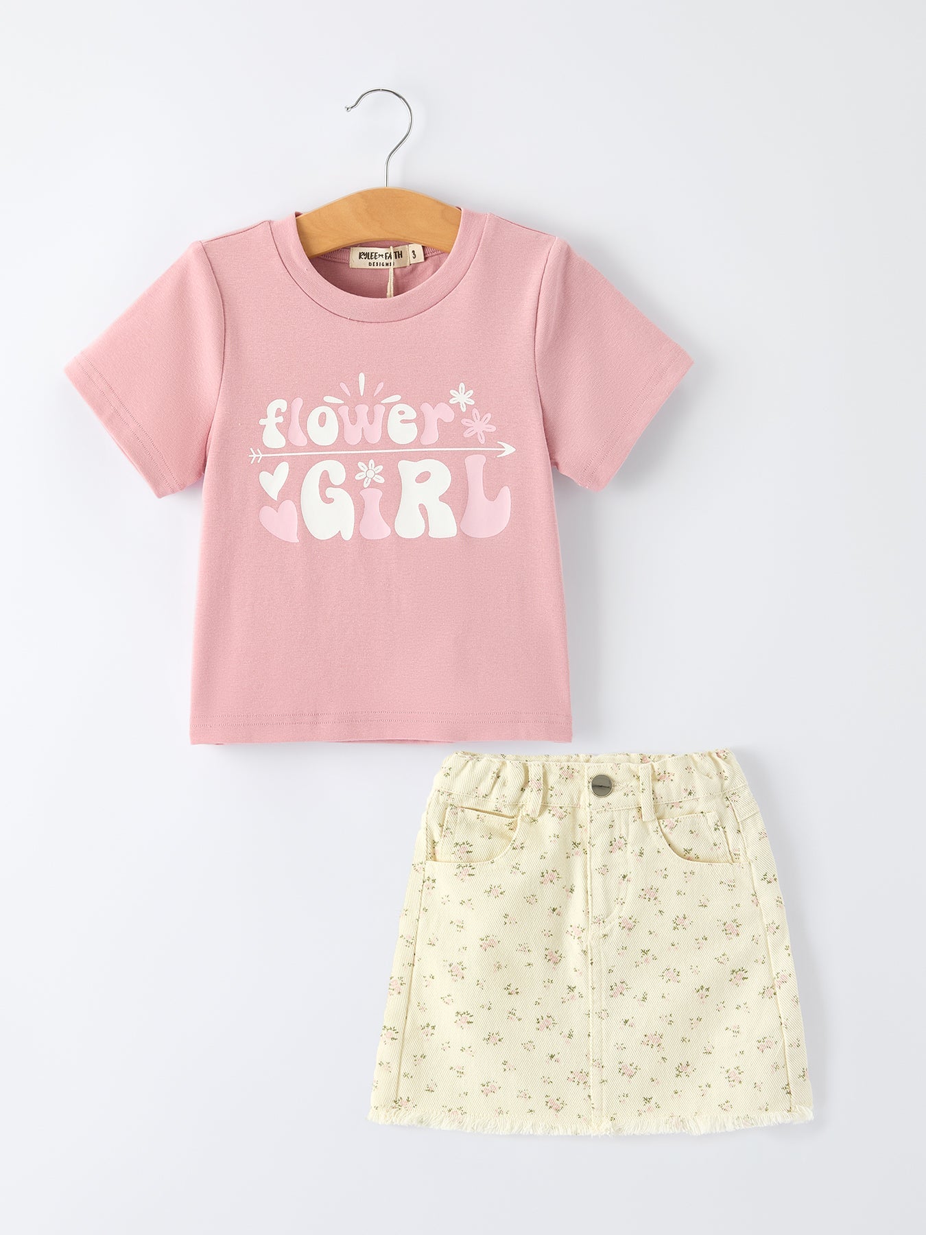 Flower Letter Girl Short Sleeve Top Denim Skirt Set