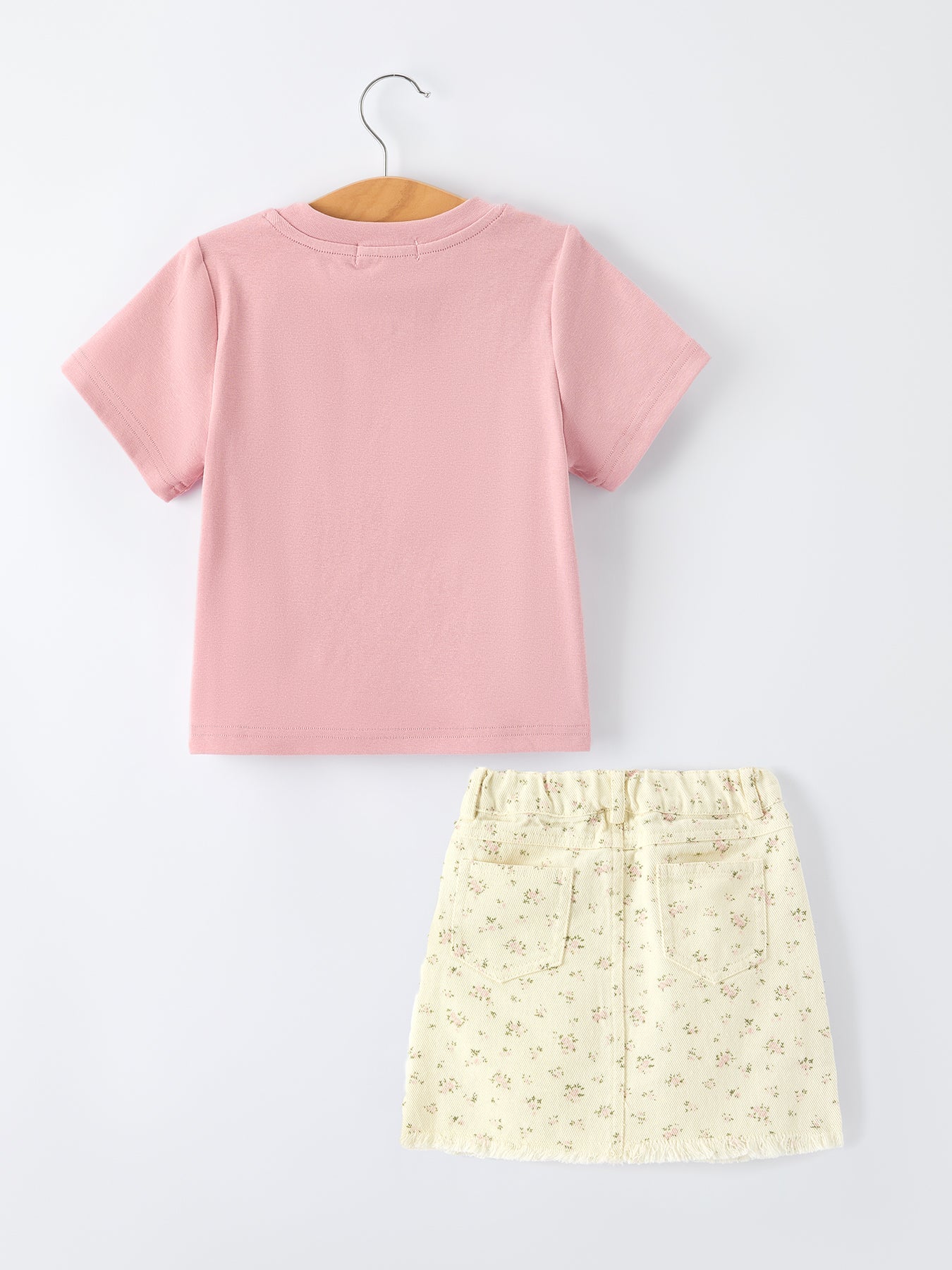 Flower Letter Girl Short Sleeve Top Denim Skirt Set