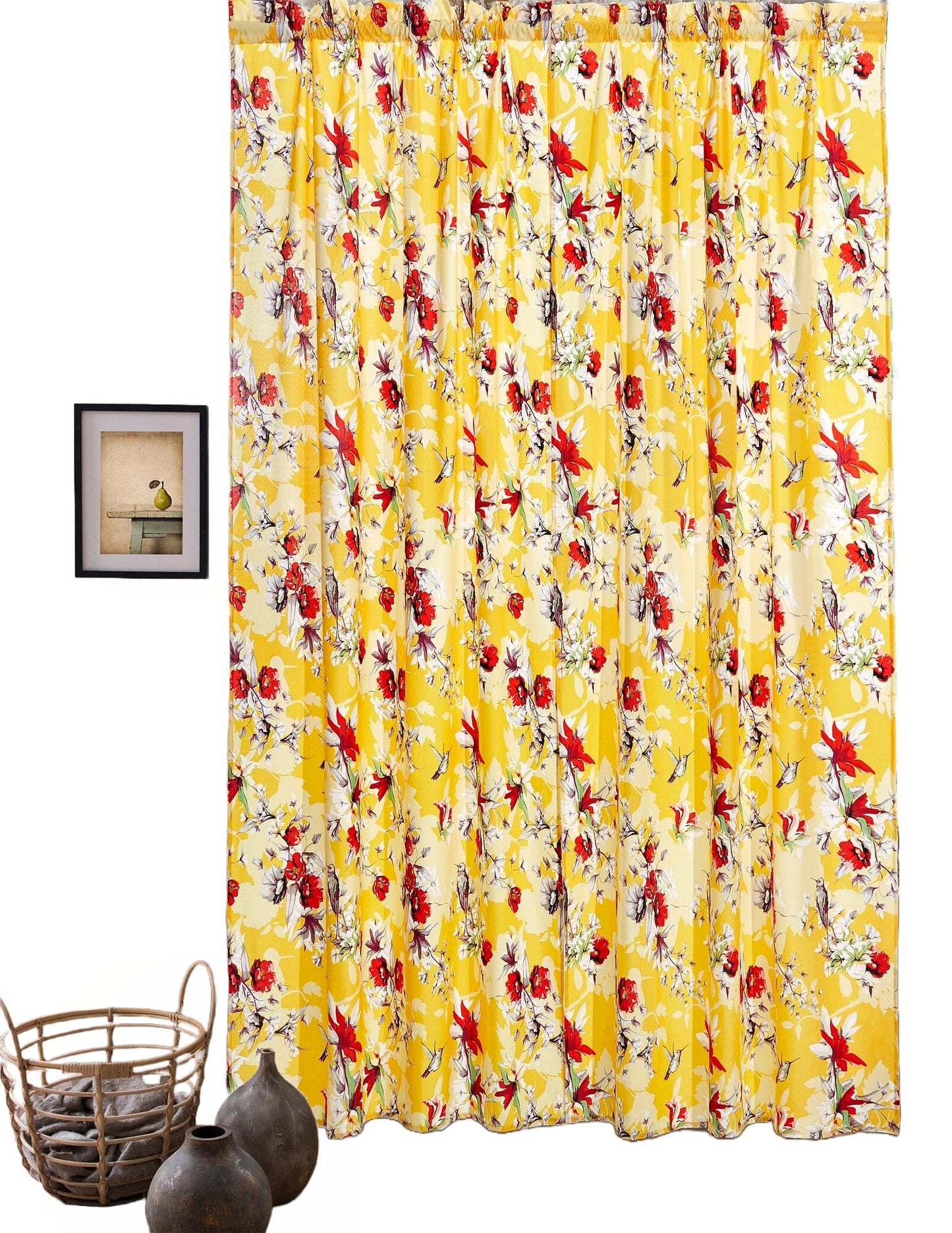 DaDa Bedding Set of 2 Radiant Sunshine Yellow Floral Window Curtain Panels - Natural Semi Sheer Hummingbirds Farmhouse Red Flowers Straight Tailored Edge