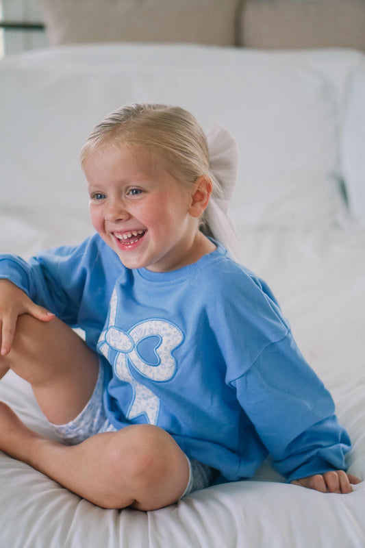 Blue Toile Applique Bow: Baby Sweatshirt Romper or Crewneck